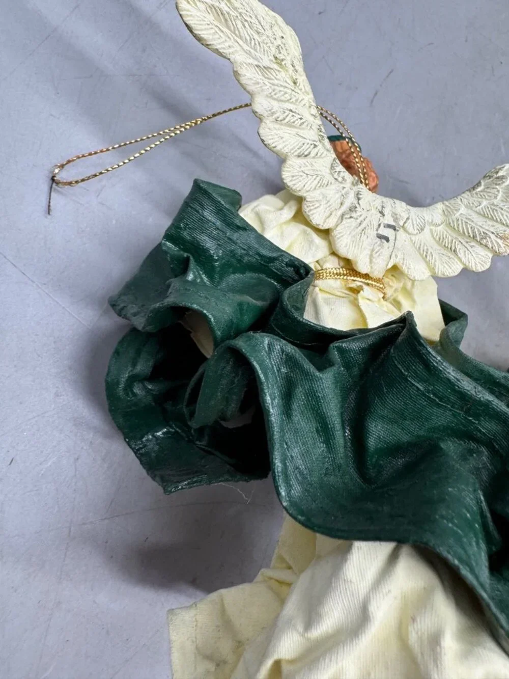 Vintage Angel Christmas Tree Ornament Set Of 2 With Green Gown Gold Accents READ